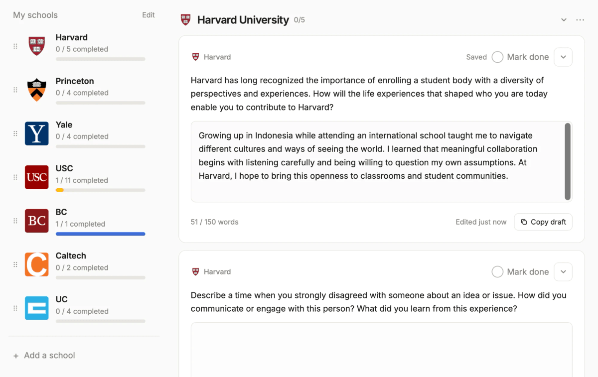 The Top Essay workspace: a school list with progress bars beside Harvard essay drafts